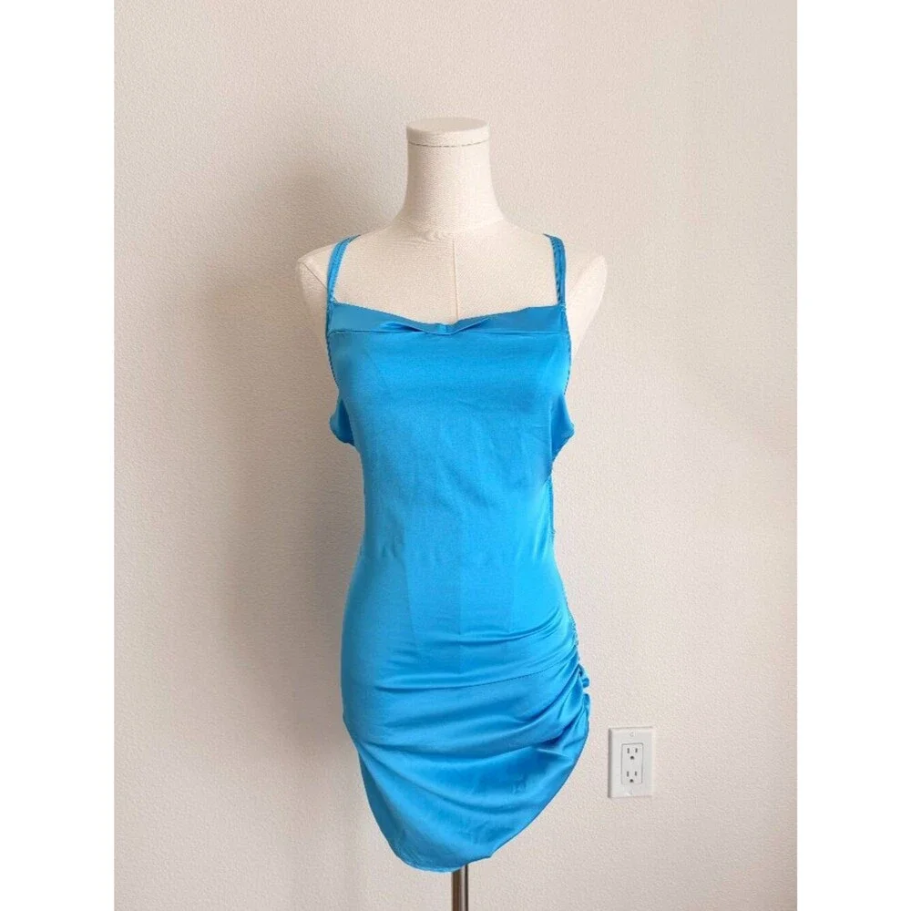 Blue Chiffon Spaghetti Straps Open Back Ruched Mini Dress